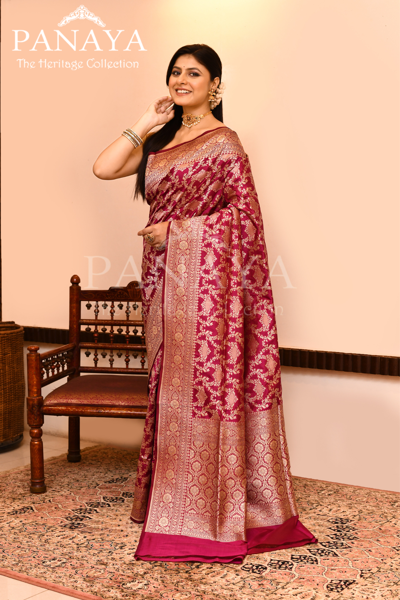 Saree Katan Silk Semi Handwoven with Banrasi Aanchal & Border with Gold & Silver Meenedar Jaal Design
