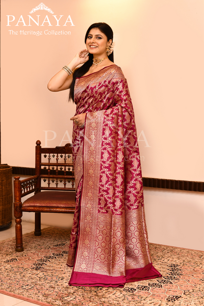 Saree Katan Silk Semi Handwoven with Banrasi Aanchal & Border with Gold & Silver Meenedar Jaal Design