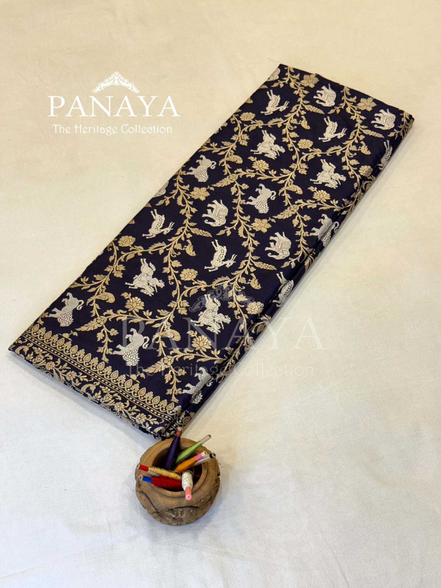 Saree Katan Silk Shikargah Design with Banarasi aanchal & Border with gold & Silver Zari Work