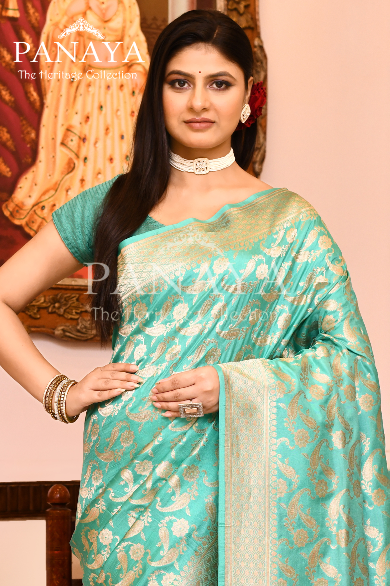 Saree Katan Silk Semi Handwoven with Banrasi Aanchal & Border with Gold & Silver  Jaal Design