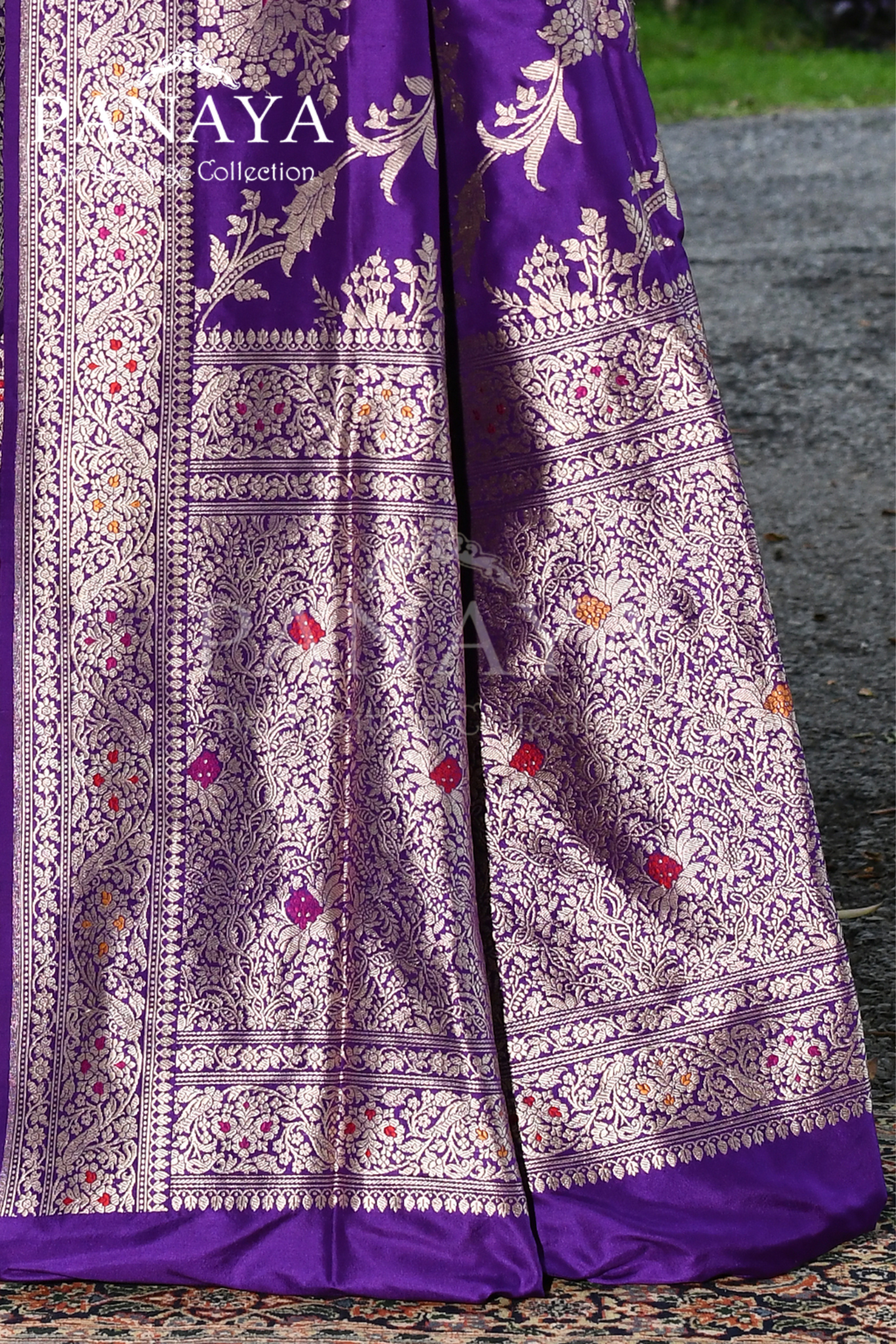 Saree Katan Silk Handwoven with Banrasi Aanchal & Border with Gold & Silver Meenedar Jaal Design