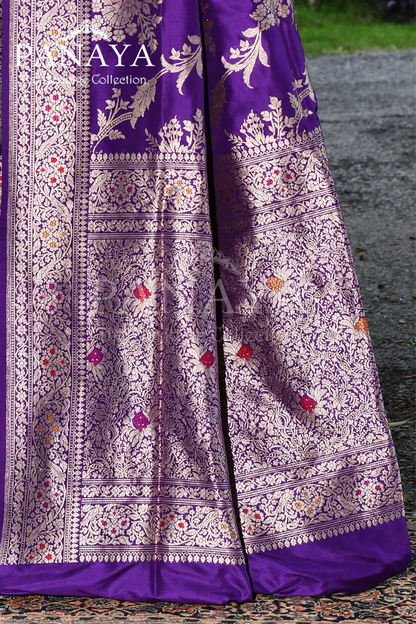 Saree Katan Silk Handwoven with Banrasi Aanchal & Border with Gold & Silver Meenedar Jaal Design