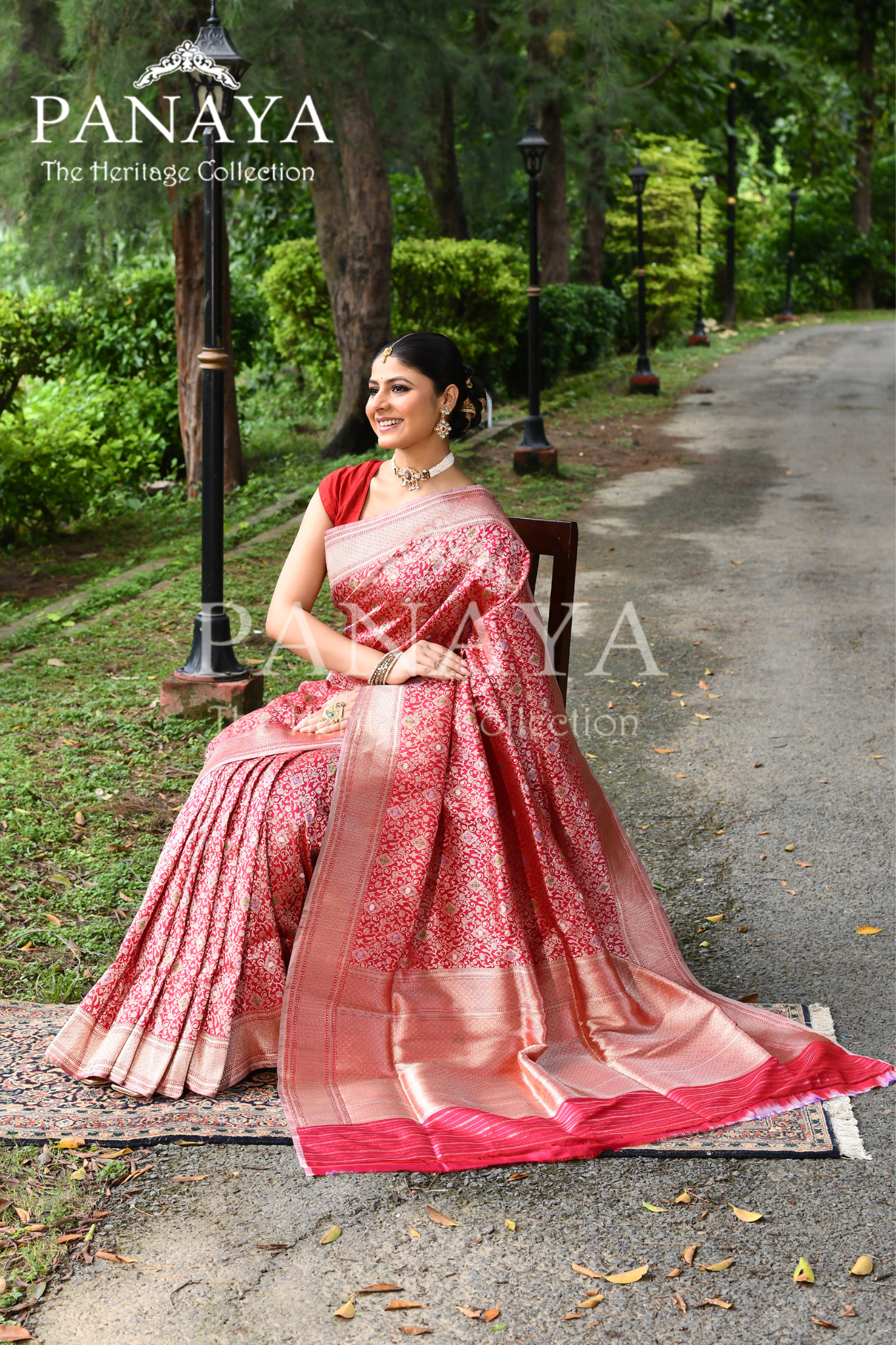Saree Katan Silk Handwoven with Banrasi Aanchal & Border with Gold & Silver Meenedar Jaal Design