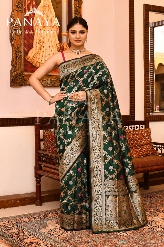 Saree Katan Silk Handwoven with Banrasi Aanchal & Border with Gold & Silver Meenedar Jaal Design