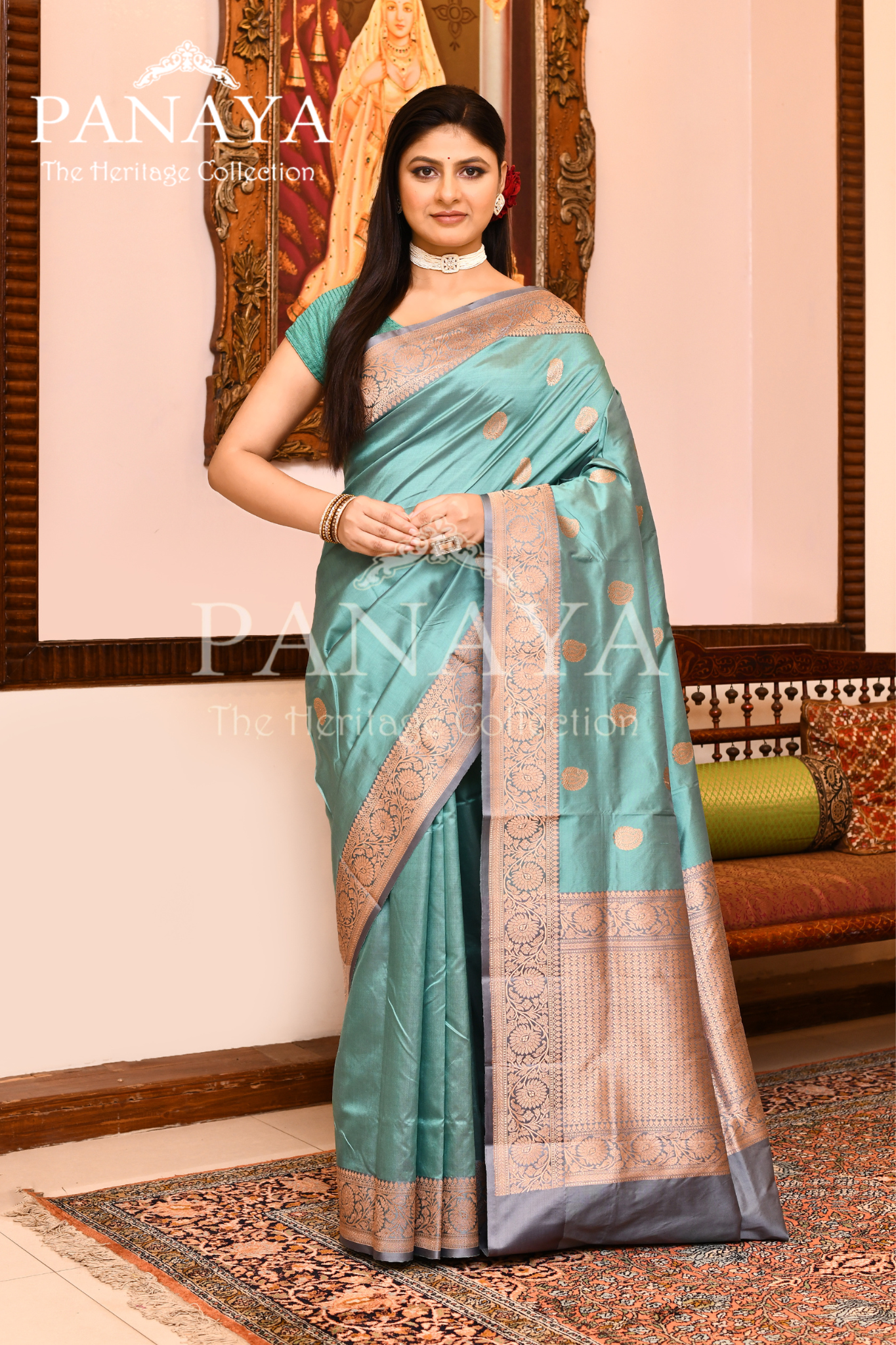 Saree Katan Silk with Contrast Banarasi Aanchal & Border with Gold Zari Boota Design