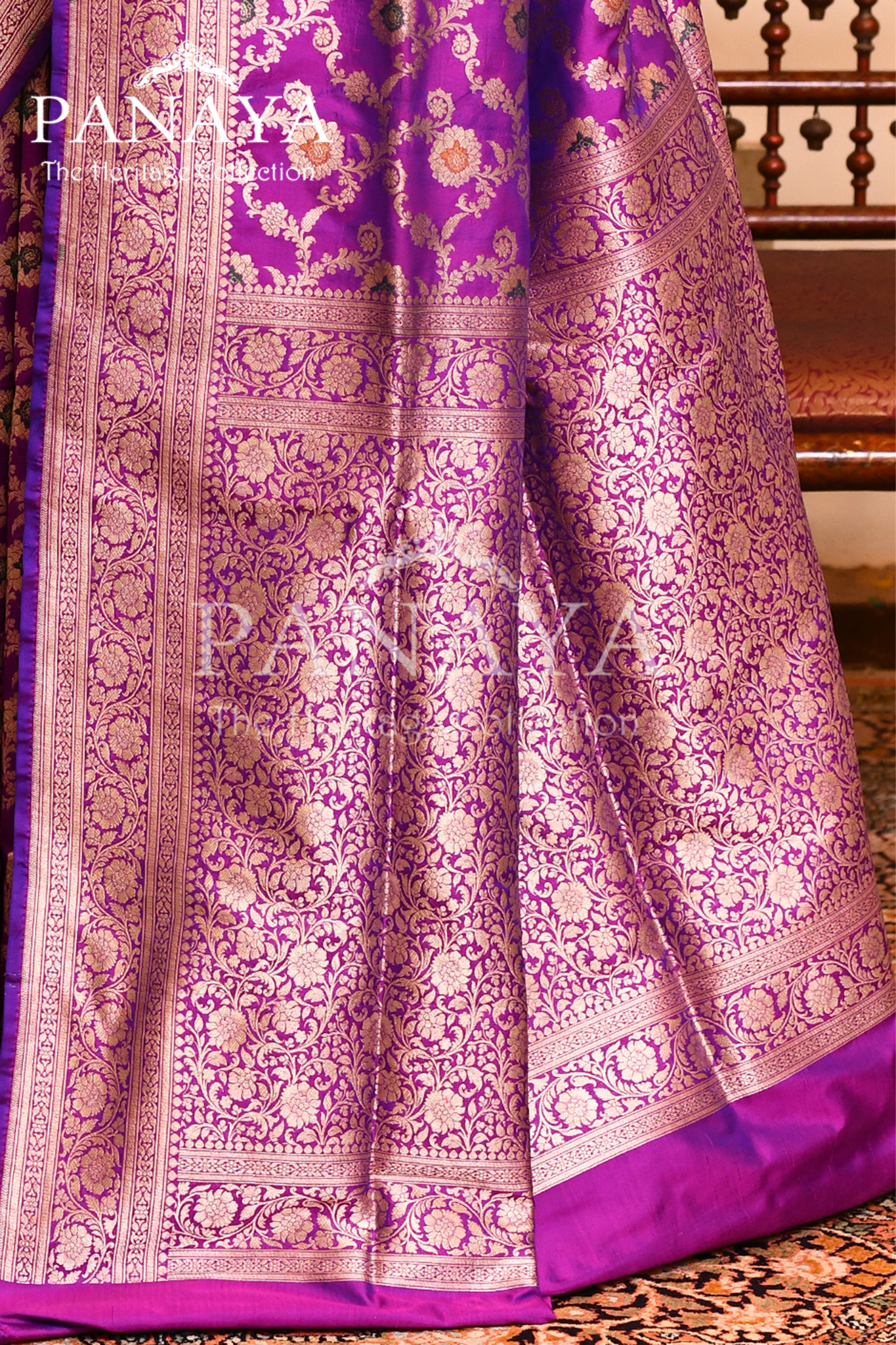 Saree Katan Silk Semi Handwoven with Banrasi Aanchal & Border with Gold & Silver Meenedar Jaal Design