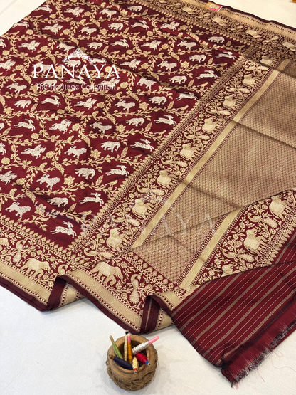 Saree Katan Silk Shikargah Design with Banarasi aanchal & Border with gold & Silver Zari Work