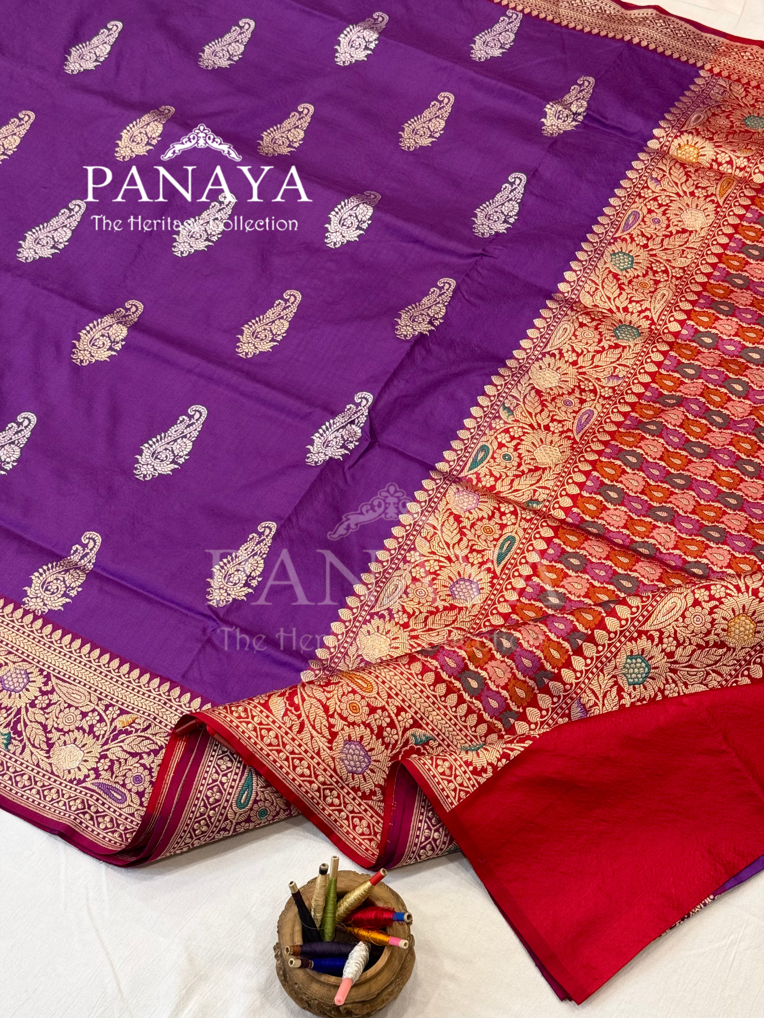 Saree Katan Silk with Contrast aanchal & Border with gold zari Paisely Boota Design