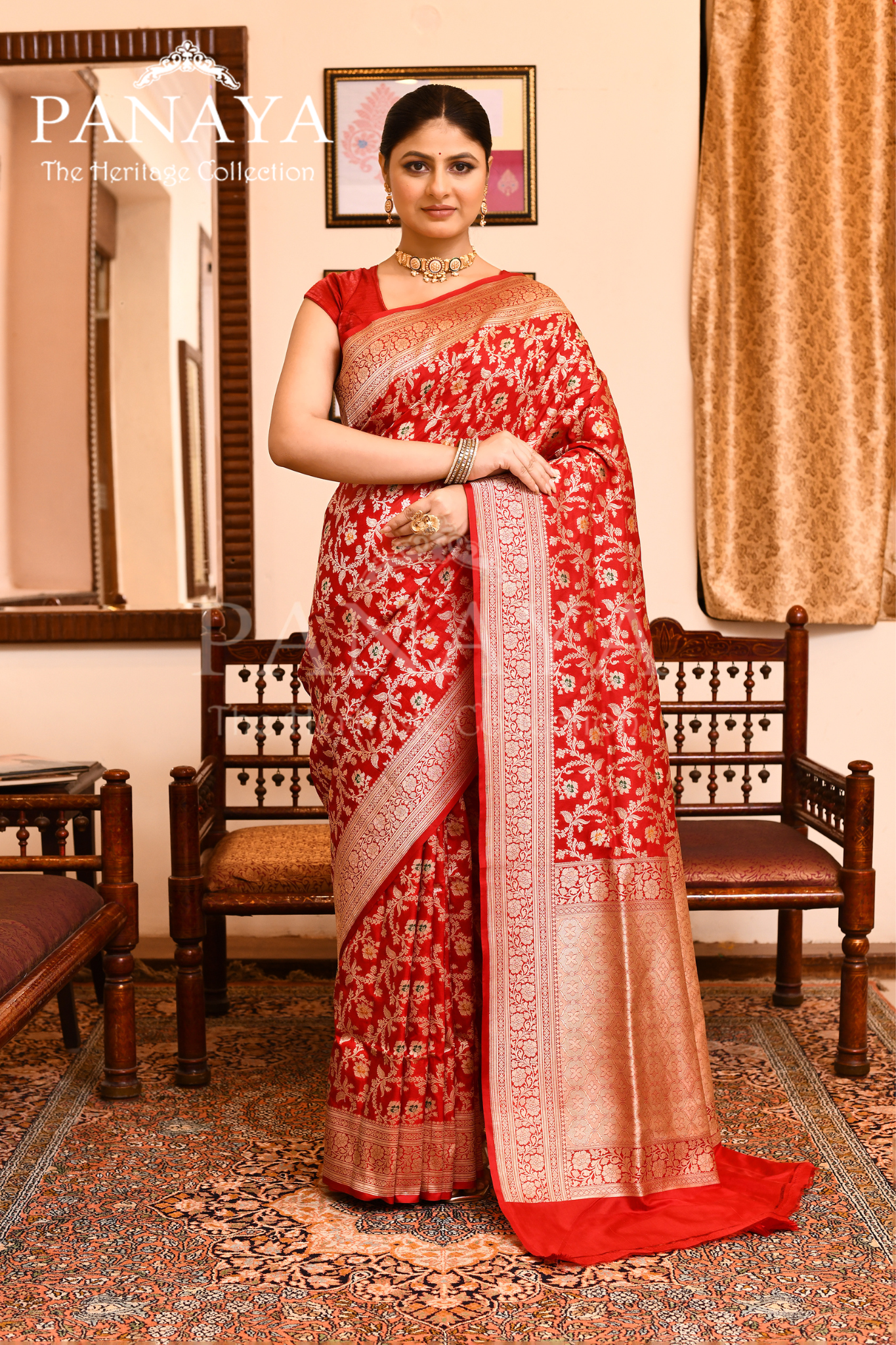 Saree Katan Silk Semi Handwoven with Banrasi Aanchal & Border with Gold & Silver Meenedar Jaal Design