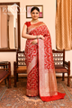 Saree Katan Silk Semi Handwoven with Banrasi Aanchal & Border with Gold & Silver Meenedar Jaal Design