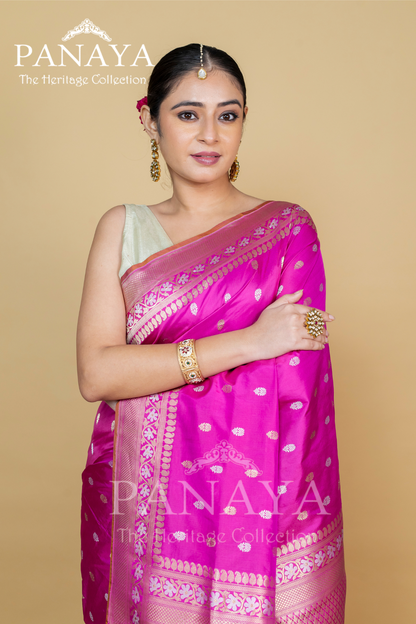 Handloom Katan Silk With Sona Rupa Butti With Banarasi Border And Anchal
