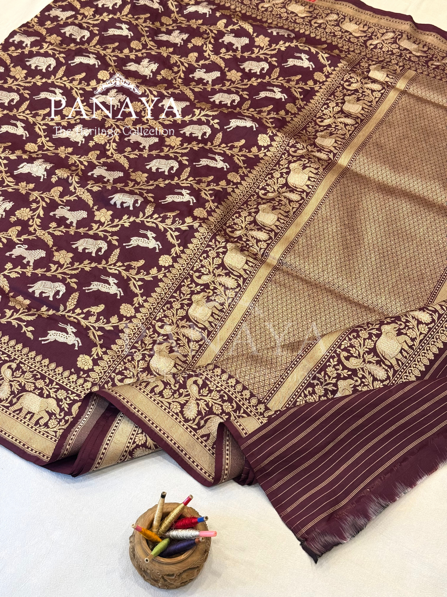 Saree Katan Silk Shikargah Design with Banarasi aanchal & Border with gold & Silver Zari Work