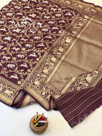 Saree Katan Silk Shikargah Design with Banarasi aanchal & Border with gold & Silver Zari Work