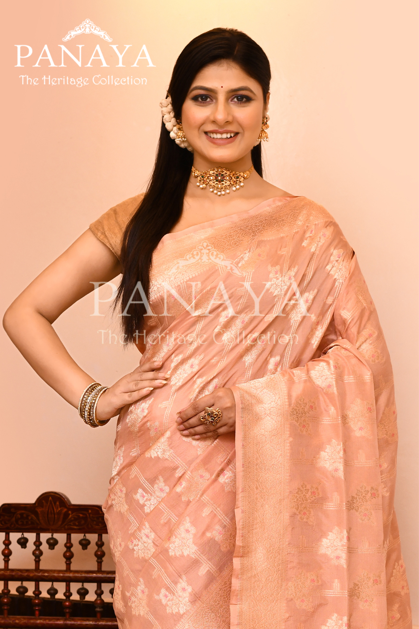 Saree Katan Silk Semi Handwoven with Banrasi Aanchal & Border with Gold & Silver Meenedar Jaal Design