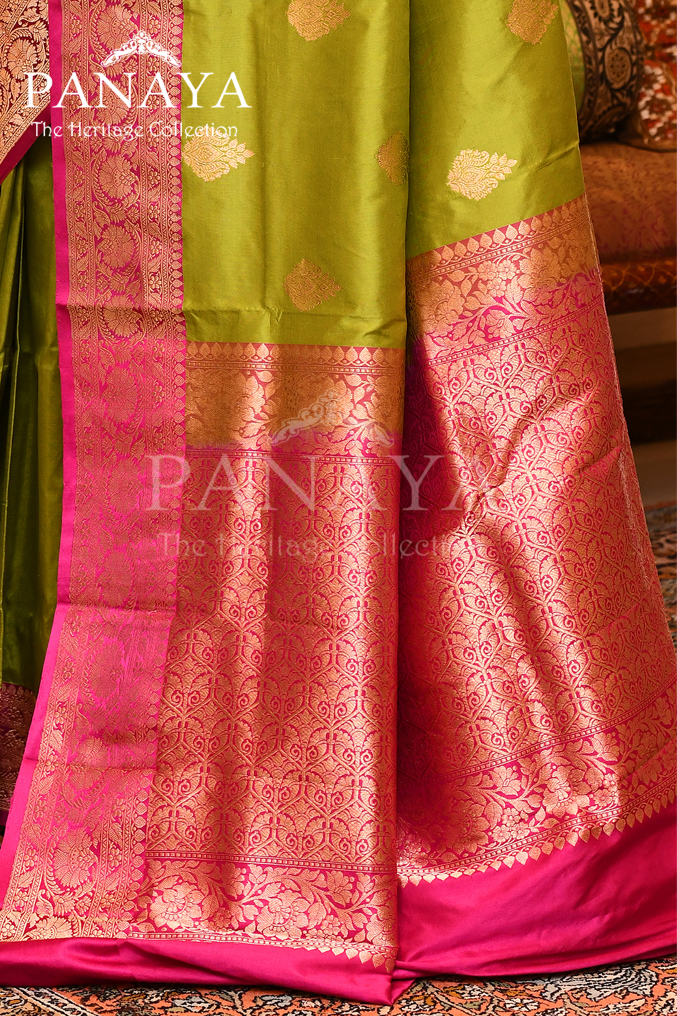 Saree Katan Silk with Contrast Banarasi Aanchal & Border with Gold Zari Boota Design