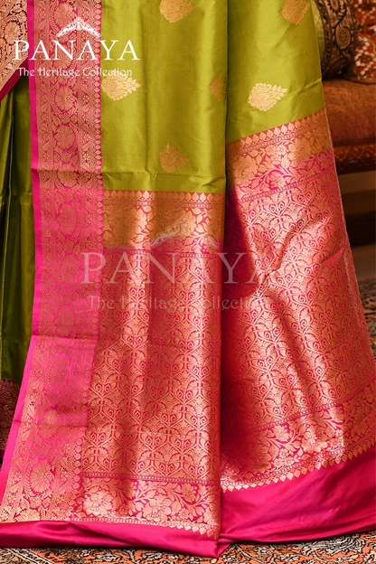 Saree Katan Silk with Contrast Banarasi Aanchal & Border with Gold Zari Boota Design