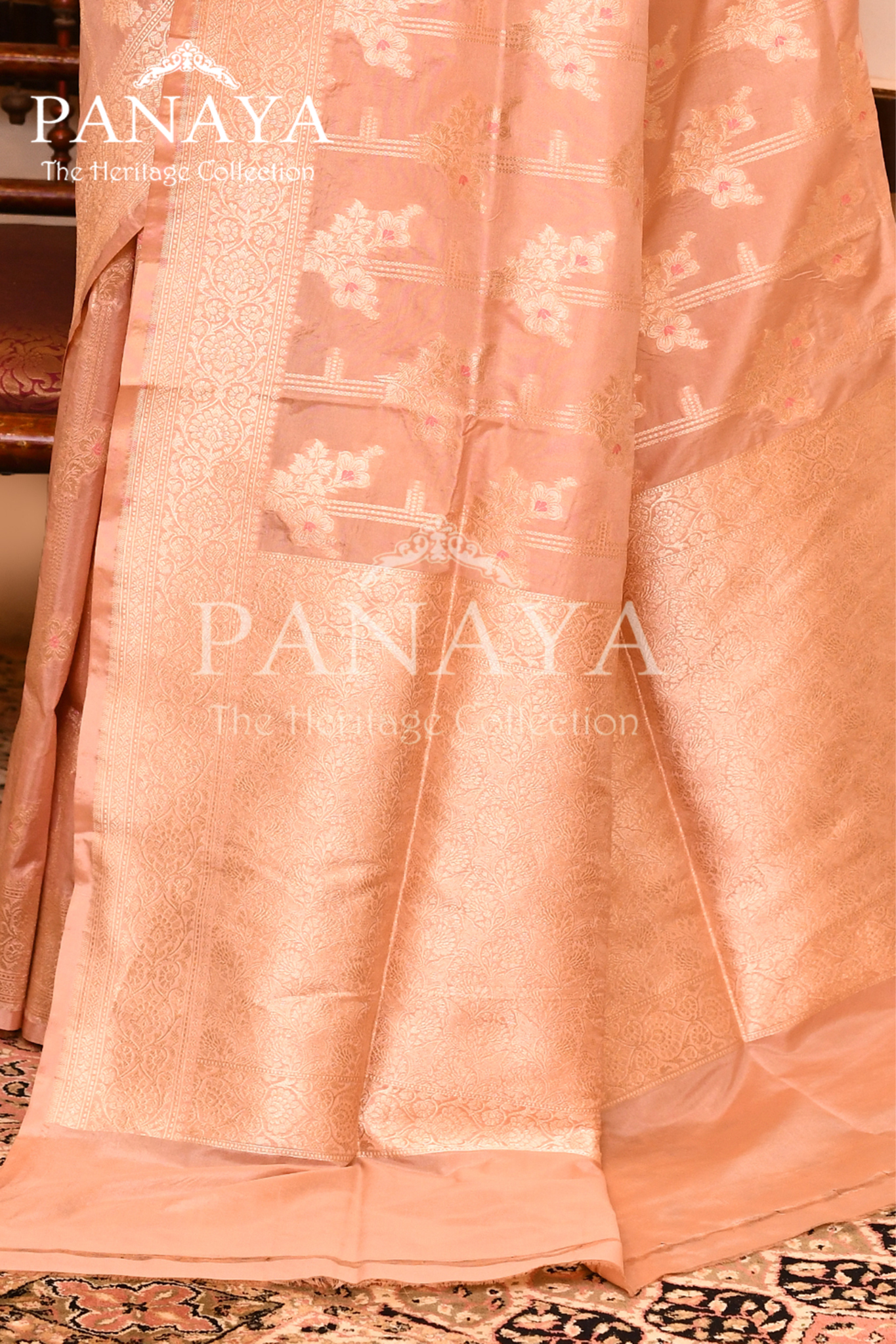 Saree Katan Silk Semi Handwoven with Banrasi Aanchal & Border with Gold & Silver Meenedar Jaal Design