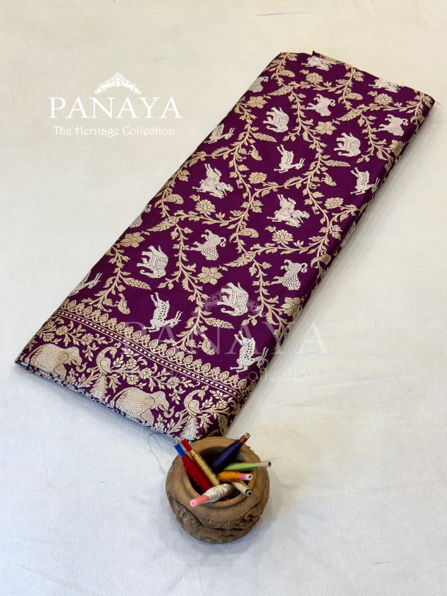 Saree Katan Silk Shikargah Design with Banarasi aanchal & Border with gold & Silver Zari Work