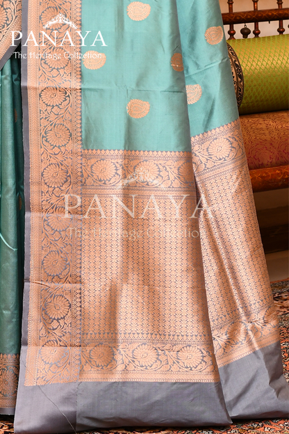 Saree Katan Silk with Contrast Banarasi Aanchal & Border with Gold Zari Boota Design