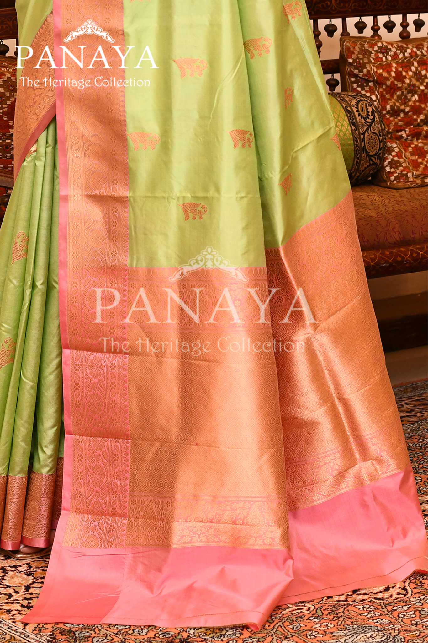 Saree Katan Silk with Contrast Banarasi Aanchal & Border with Gold Zari Boota Design