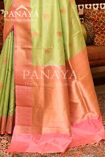 Saree Katan Silk with Contrast Banarasi Aanchal & Border with Gold Zari Boota Design