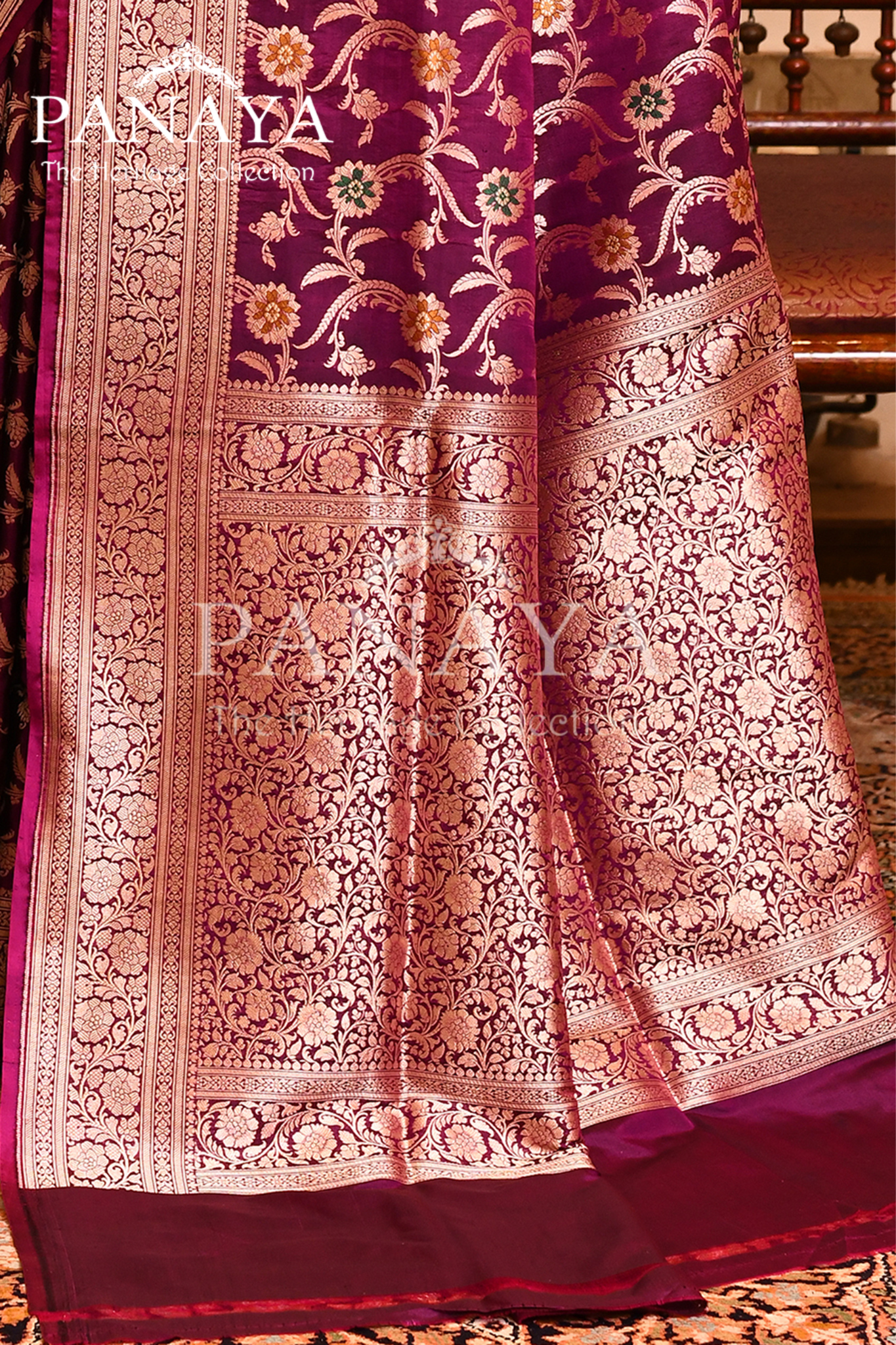 Saree Katan Silk Semi Handwoven with Banrasi Aanchal & Border with Gold & Silver Meenedar Jaal Design