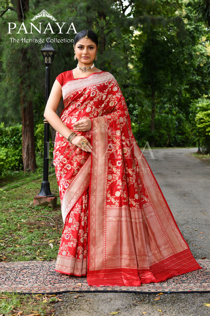 Saree Katan Silk Handwoven with Banrasi Aanchal & Border with Gold & Silver Meenedar Jaal Design