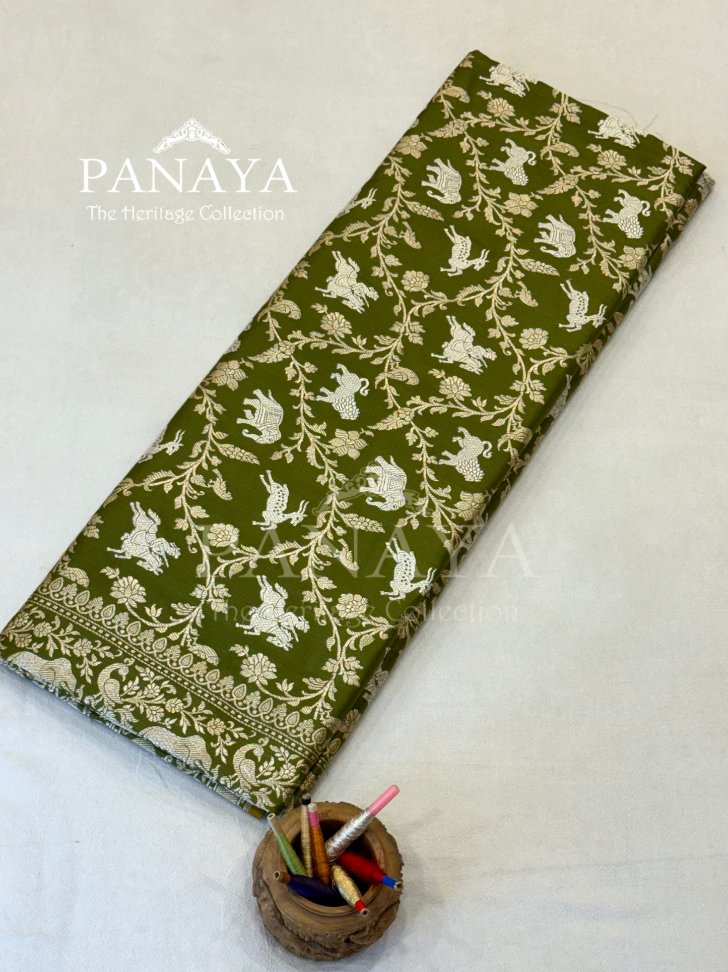 Saree Katan Silk Shikargah Design with Banarasi aanchal & Border with gold & Silver Zari Work