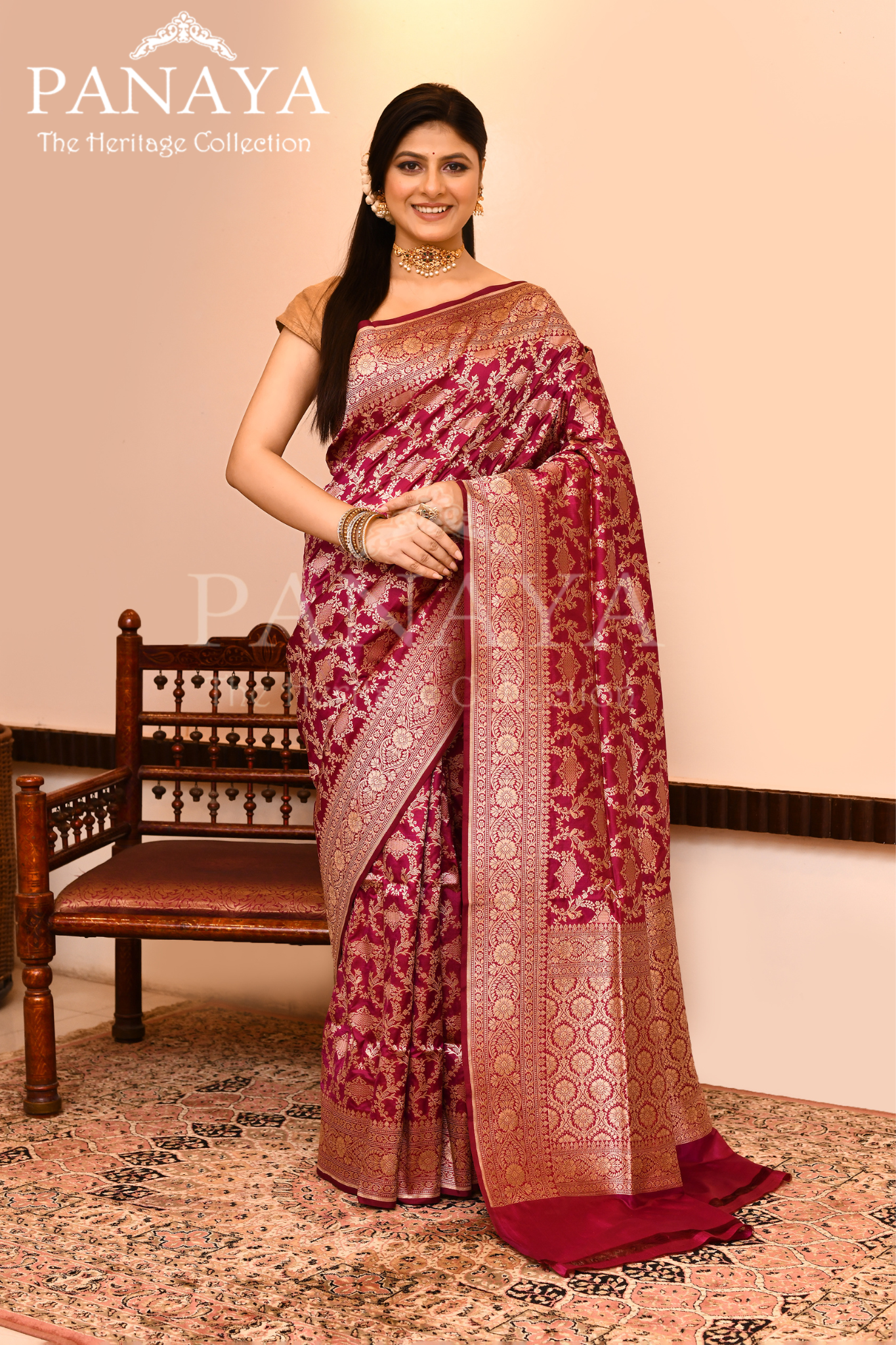 Saree Katan Silk Semi Handwoven with Banrasi Aanchal & Border with Gold & Silver Meenedar Jaal Design