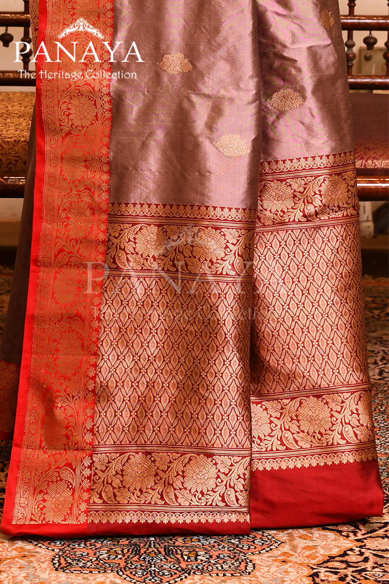 Saree Katan Silk with Contrast Banarasi Aanchal & Border with Gold Zari Boota Design
