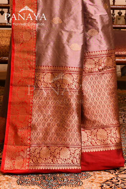 Saree Katan Silk with Contrast Banarasi Aanchal & Border with Gold Zari Boota Design