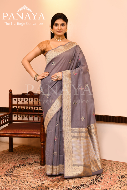 Saree Kora Cotton Silk With Banarasi aanchal & Border with Meenedar Booti