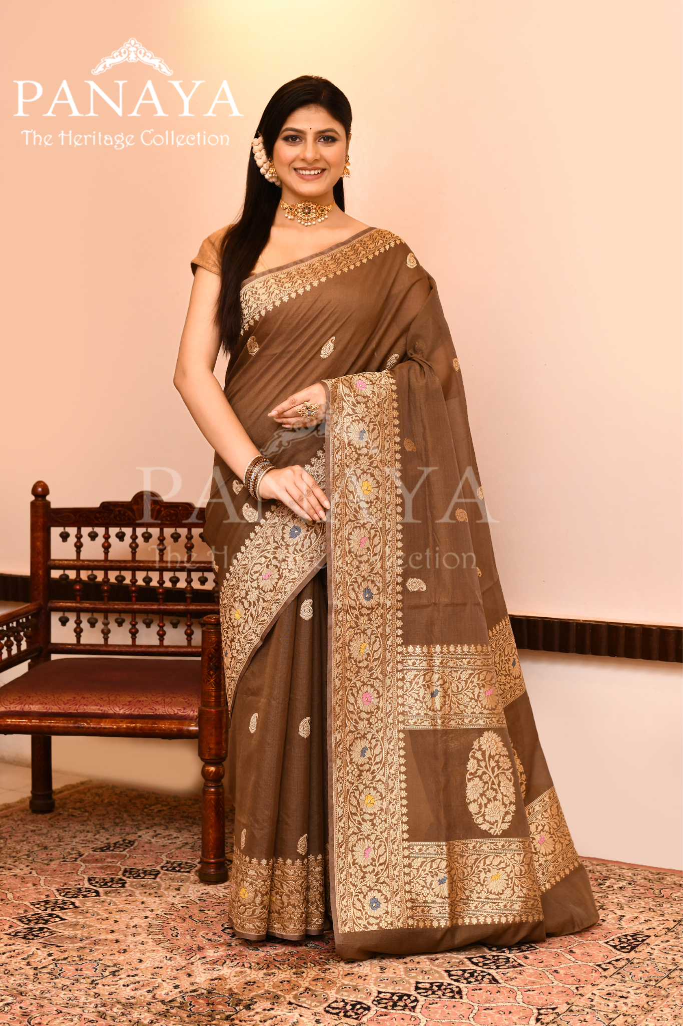 Saree Kora Cotton Silk With Banarasi aanchal & Border with Meenedar Booti