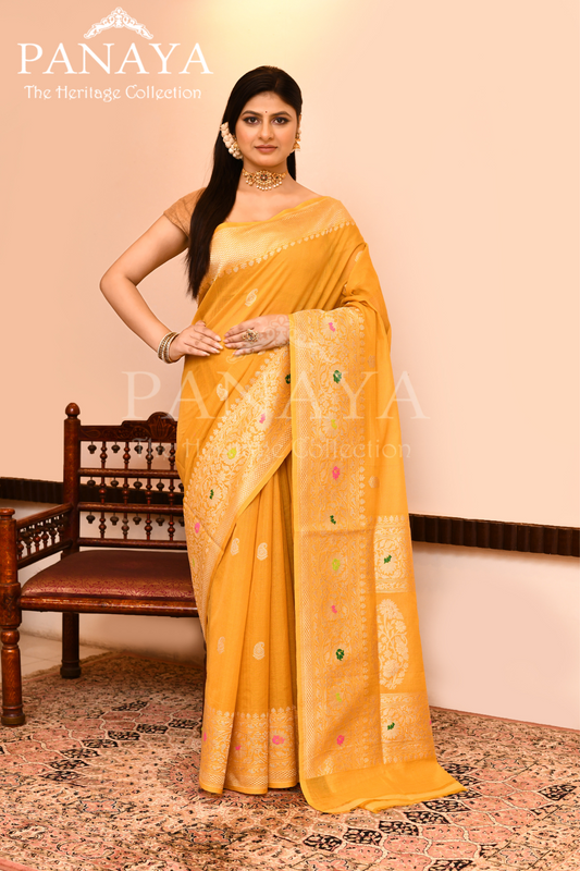 Saree Kora Cotton Silk With Banarasi aanchal & Border with Meenedar Booti