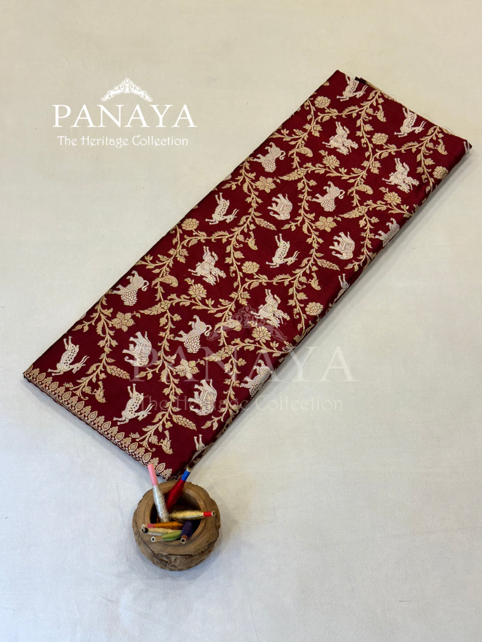 Saree Katan Silk Shikargah Design with Banarasi aanchal & Border with gold & Silver Zari Work