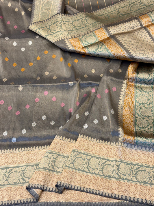 Saree Katan Tisshue Silk Saree with Banarsi Aanchal Border with multi color booti design