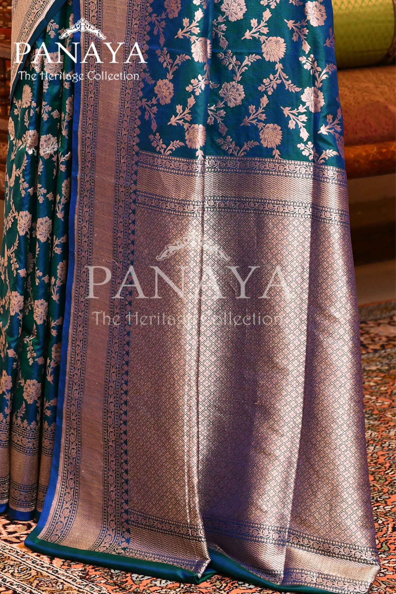 Saree Katan Silk Semi Handwoven with Banrasi Aanchal & Border with Gold & Silver Meenedar Jaal Design