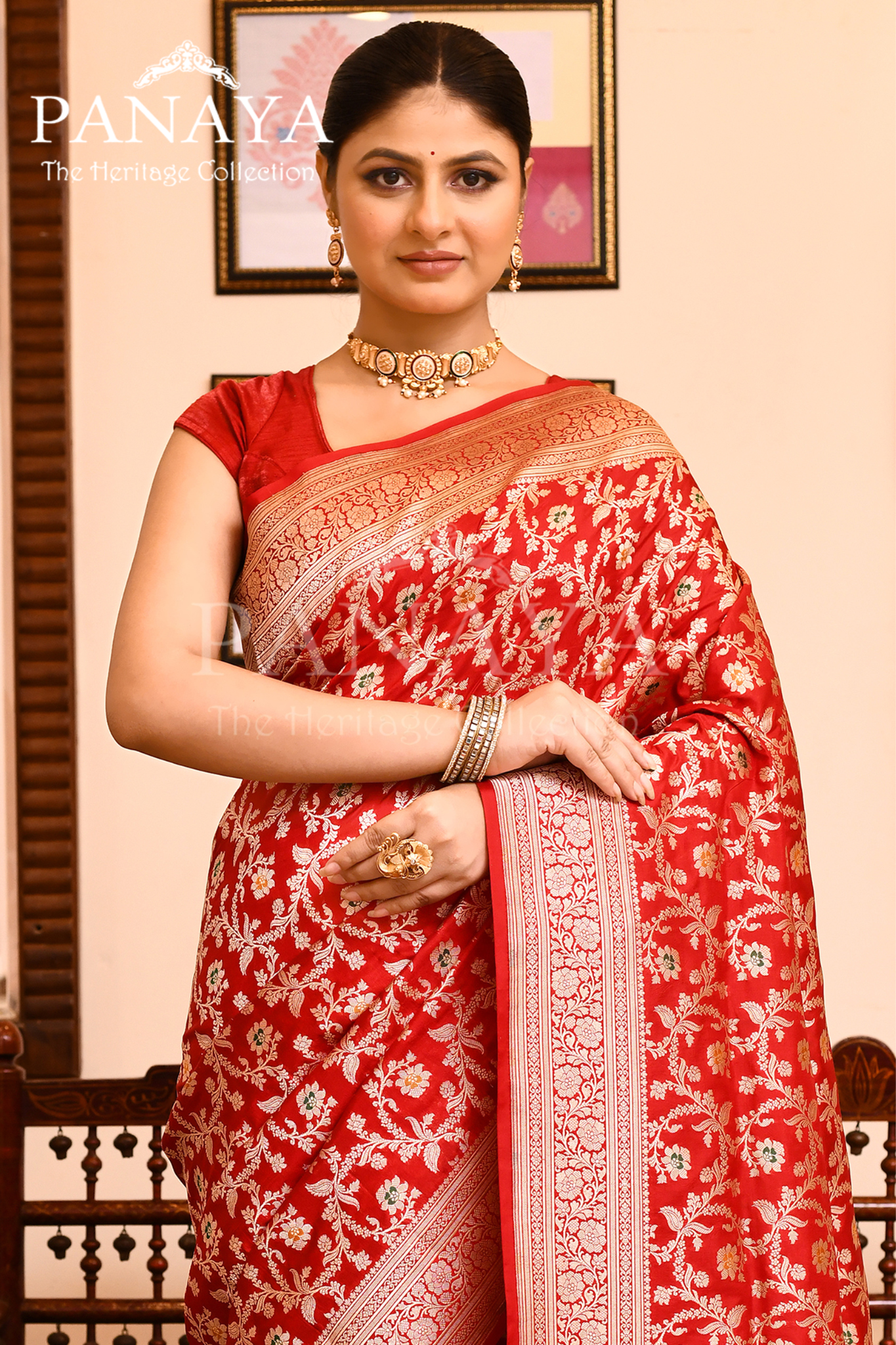 Saree Katan Silk Semi Handwoven with Banrasi Aanchal & Border with Gold & Silver Meenedar Jaal Design