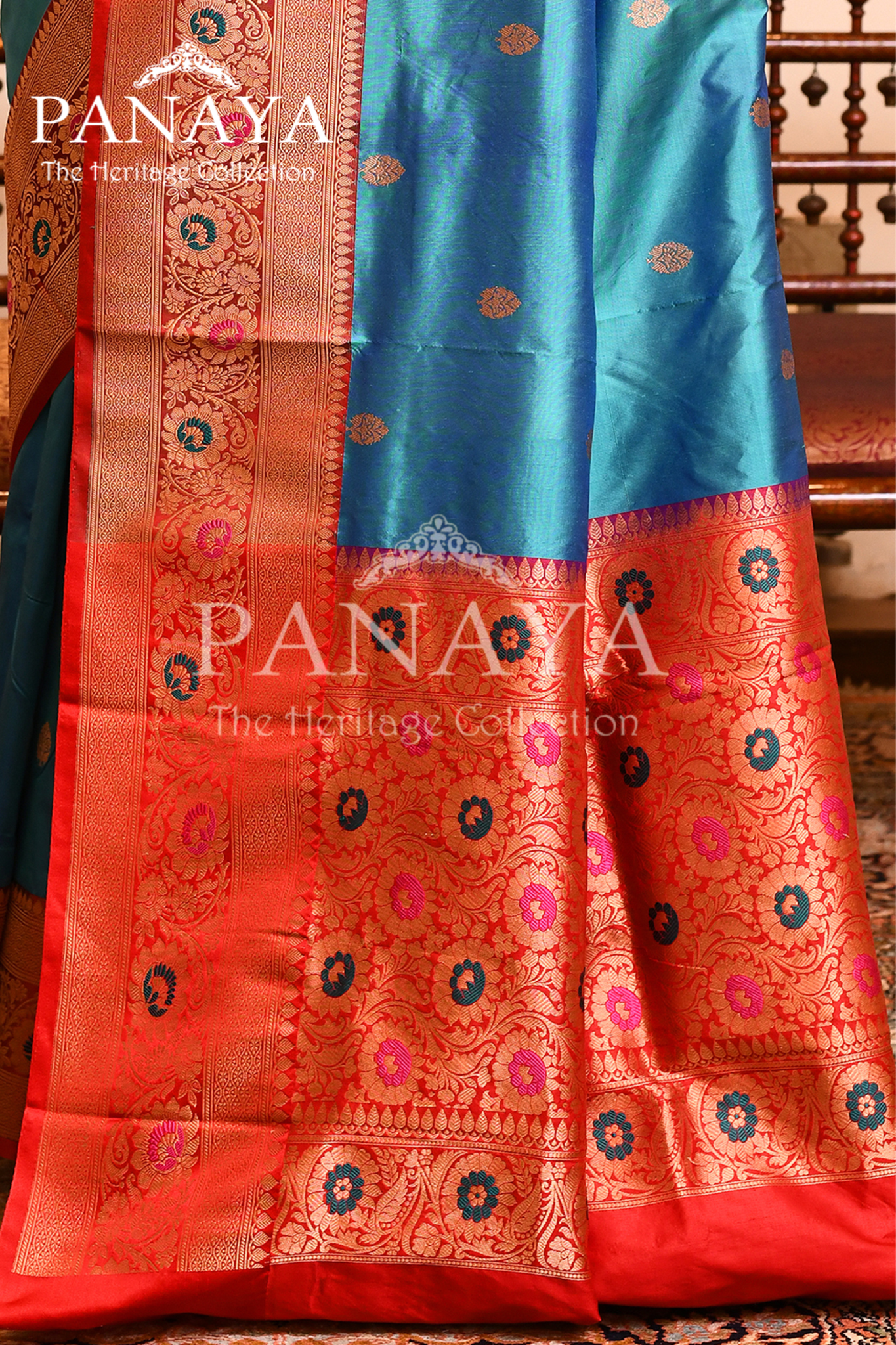 Saree Katan Silk with Contrast Banarasi Aanchal & Border with Gold Zari Boota Design