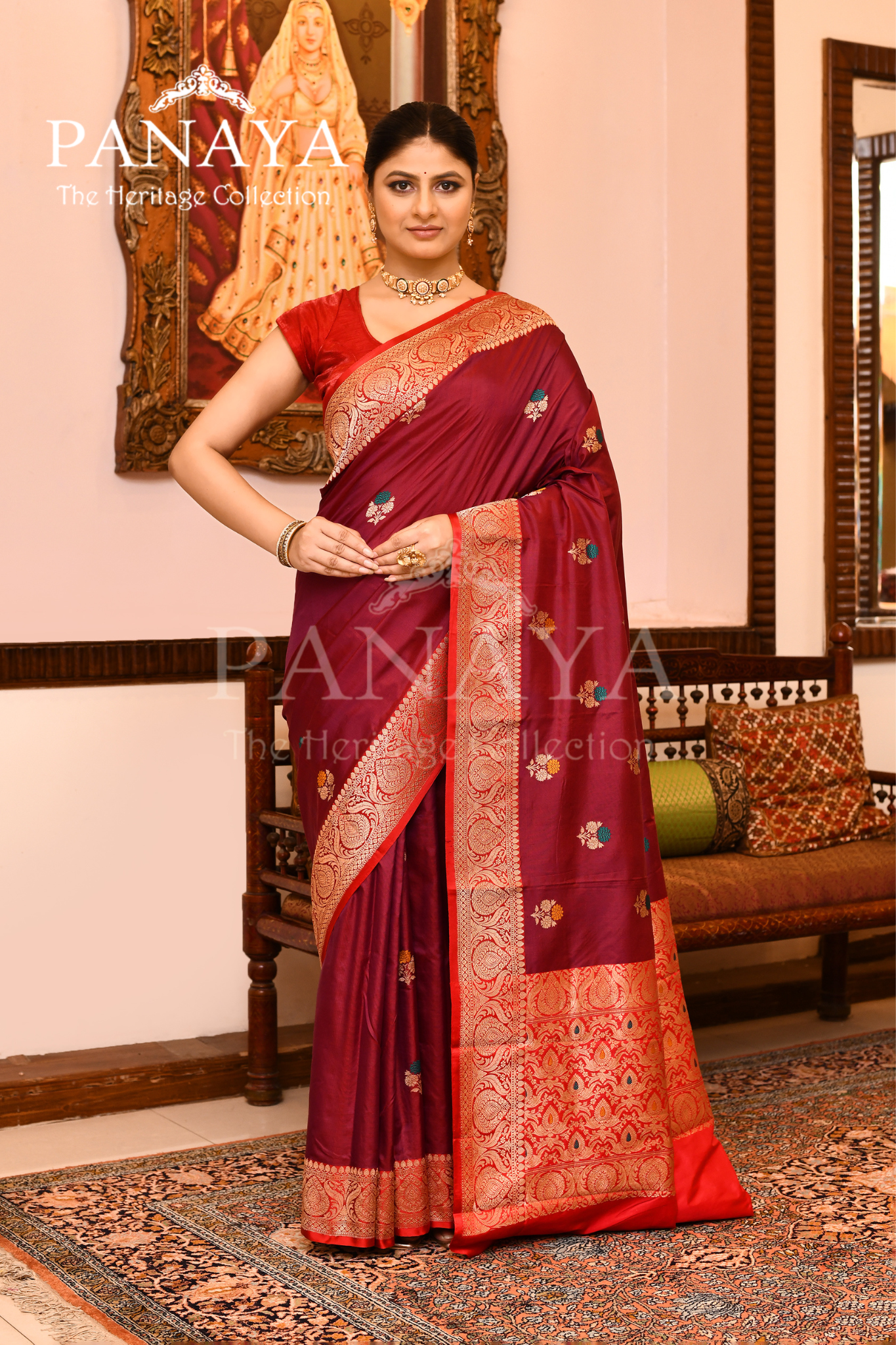 Saree Katan Silk with Contrast Banarasi Aanchal & Border with Gold Zari meenedar  Boota Design