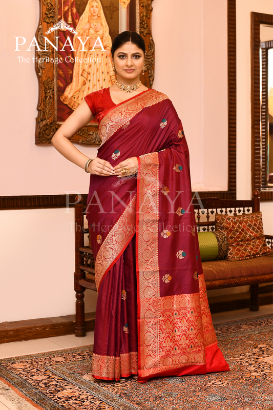 Saree Katan Silk with Contrast Banarasi Aanchal & Border with Gold Zari meenedar  Boota Design