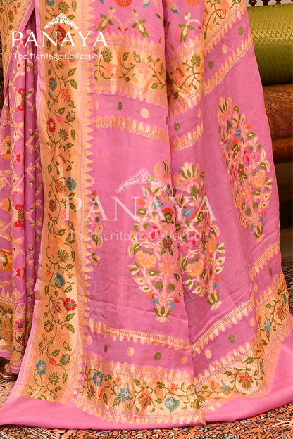 Saree Georgette Khaddi Jaal Design with Banarasi aanchal & Border with Meena Work