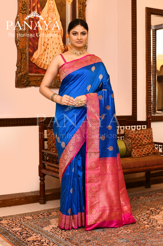 Saree Katan Silk with Contrast Banarasi Aanchal & Border with Gold Zari Boota Design