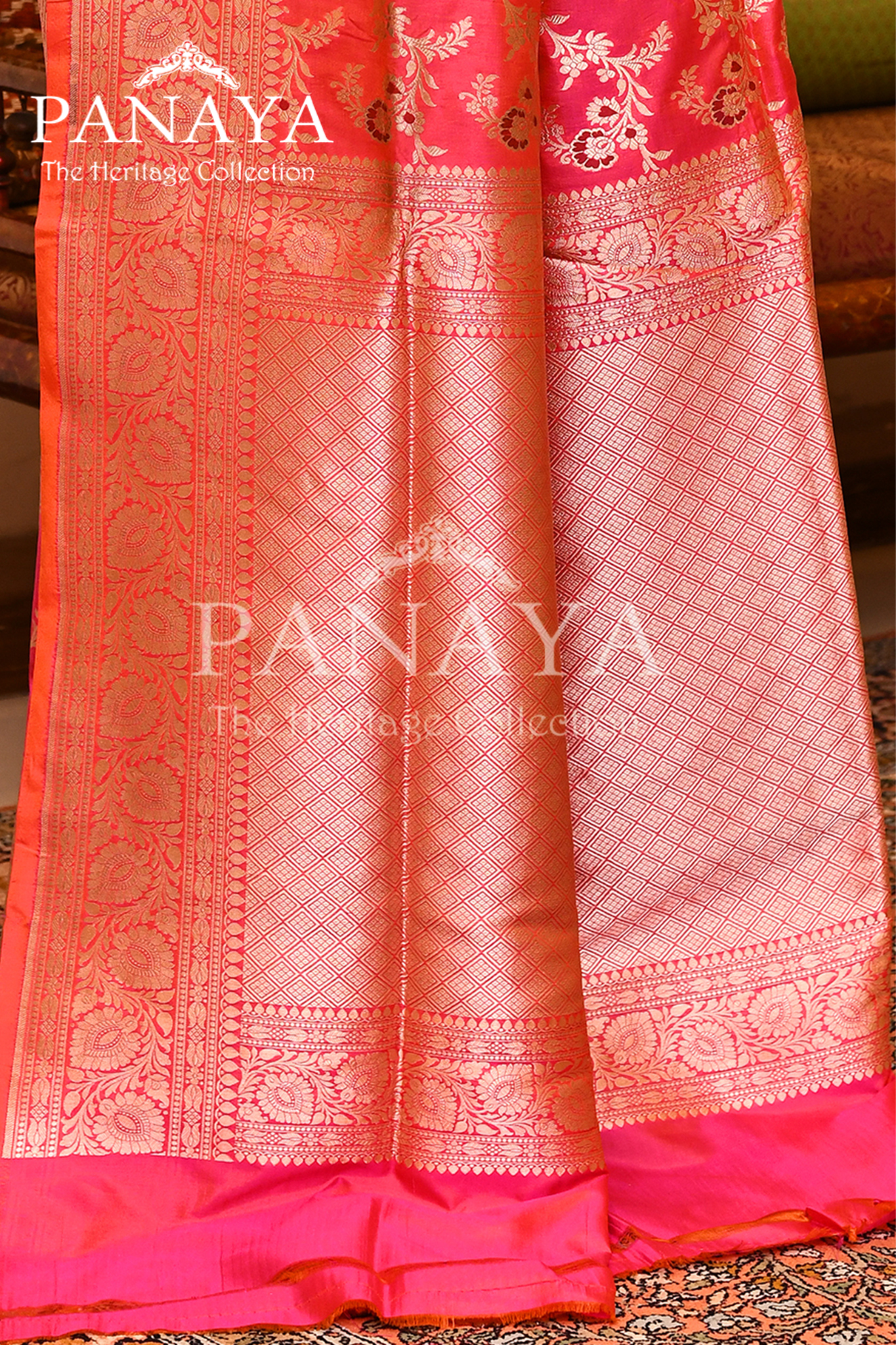 Saree Katan Silk Semi Handwoven with Banrasi Aanchal & Border with Gold & Silver Meenedar Jaal Design