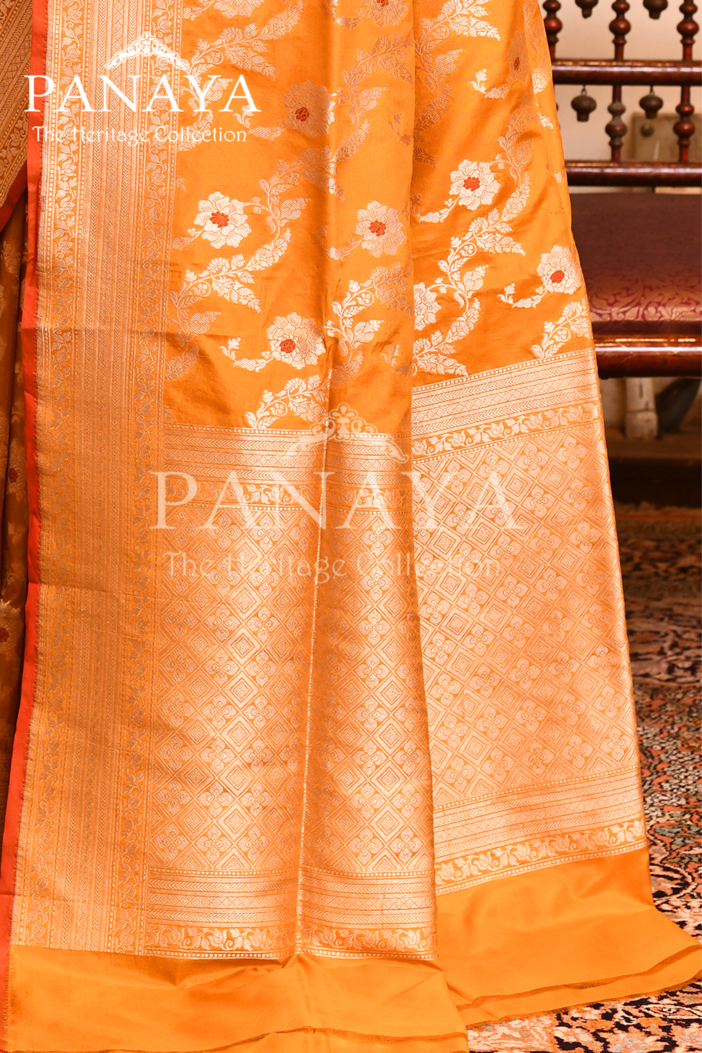 Saree Katan Silk Semi Handwoven with Banrasi Aanchal & Border with Gold & Silver Meenedar Jaal Design