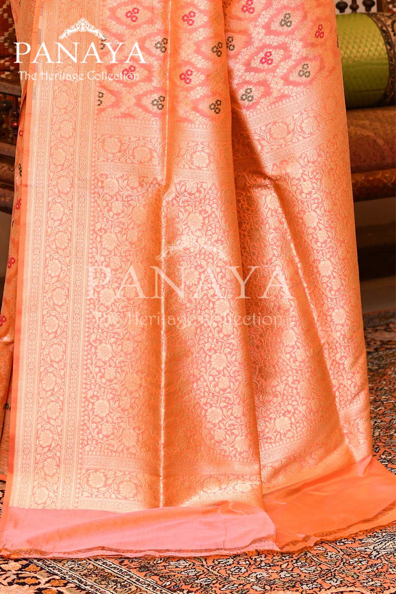 Saree Katan Silk Semi Handwoven with Banrasi Aanchal & Border with Gold & Silver Meenedar Jaal Design