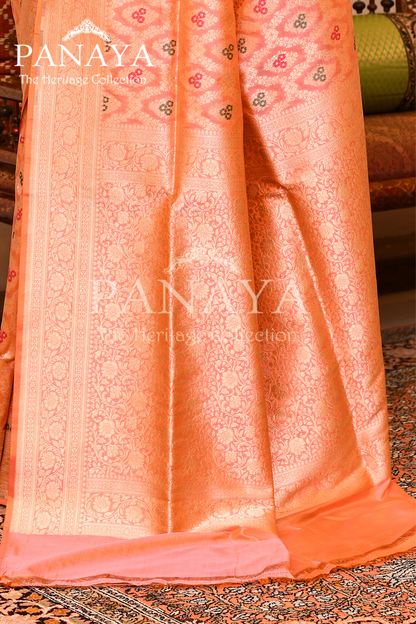 Saree Katan Silk Semi Handwoven with Banrasi Aanchal & Border with Gold & Silver Meenedar Jaal Design