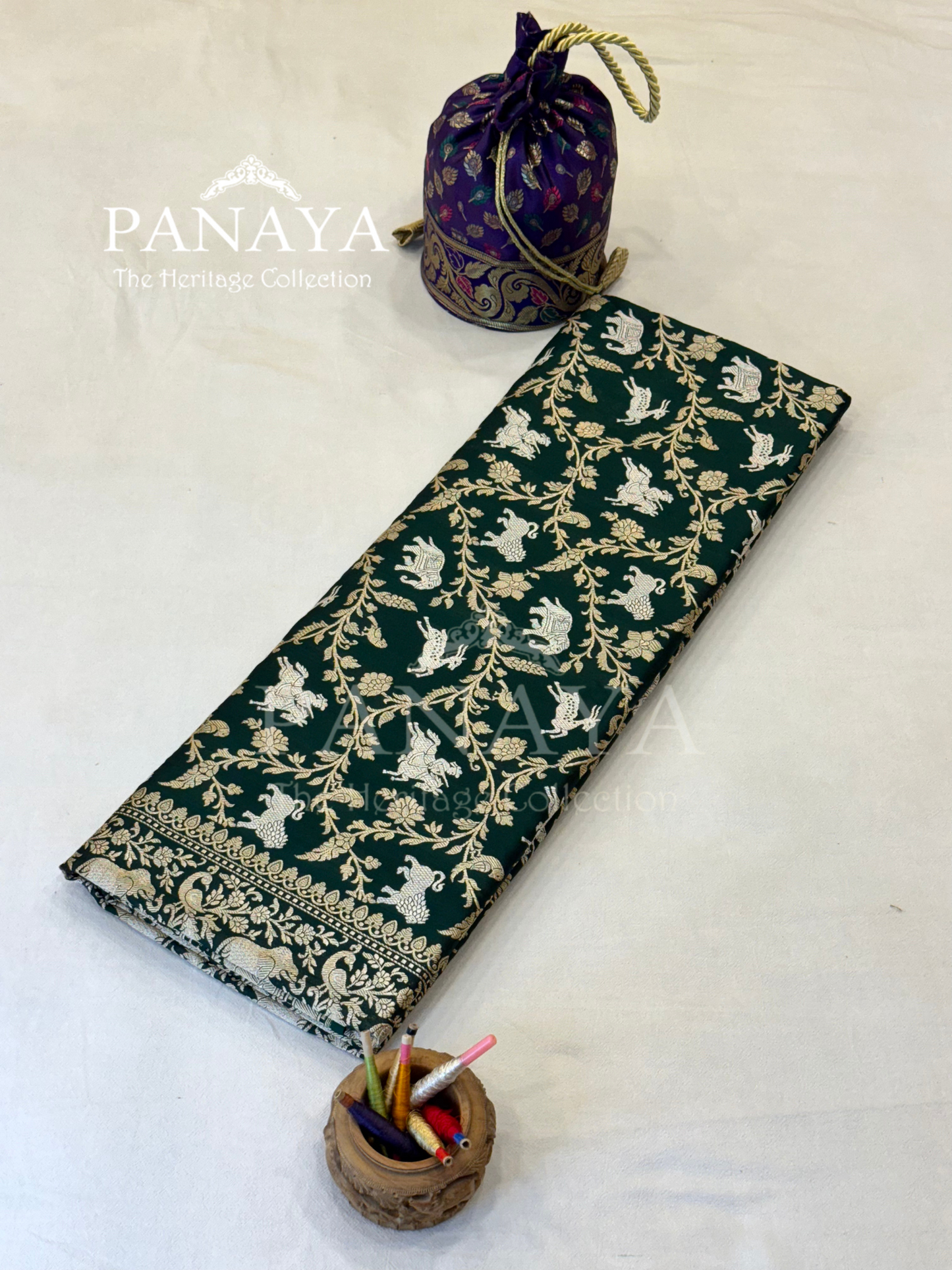 Saree Katan Silk Shikargah Design with Banarasi aanchal & Border with gold & Silver Zari Work