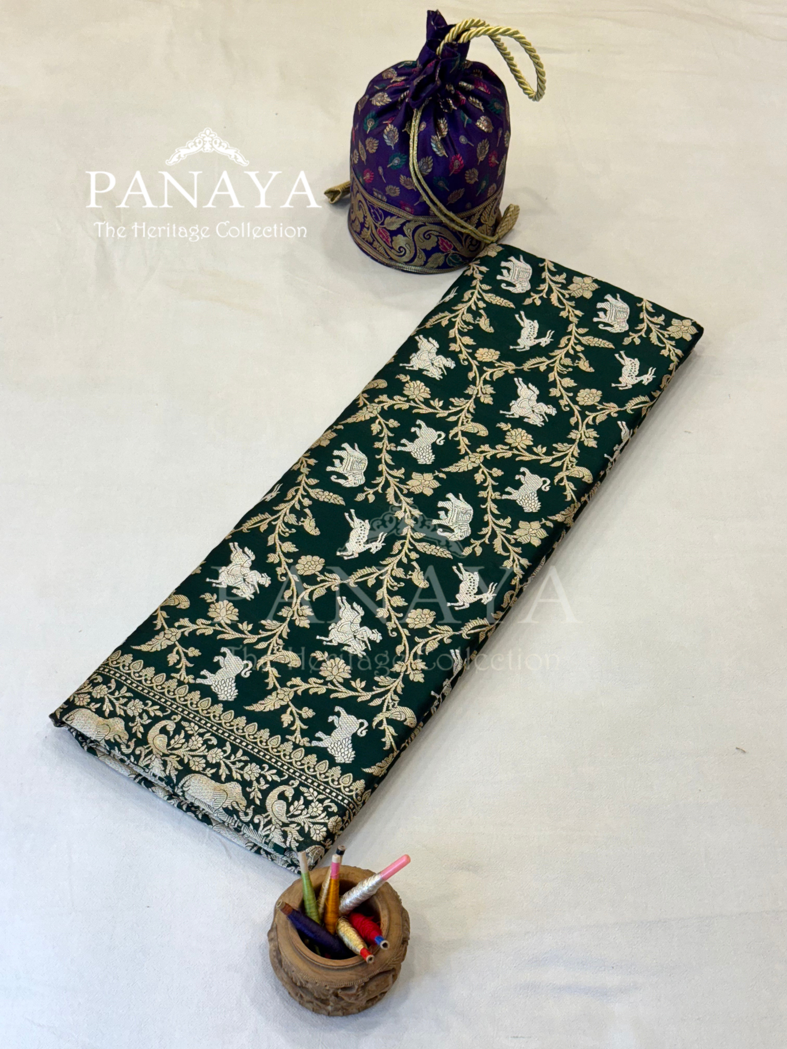 Saree Katan Silk Shikargah Design with Banarasi aanchal & Border with gold & Silver Zari Work