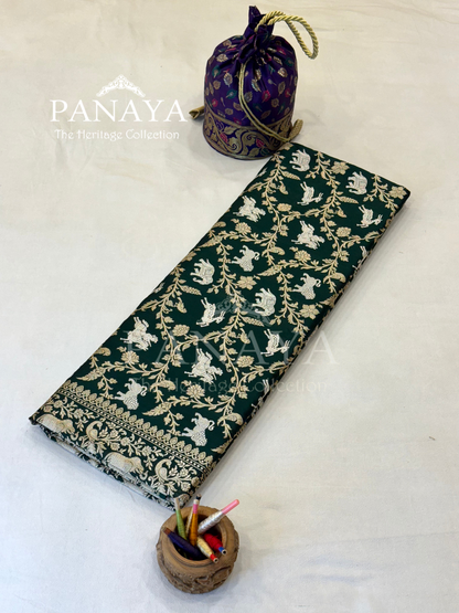 Saree Katan Silk Shikargah Design with Banarasi aanchal & Border with gold & Silver Zari Work